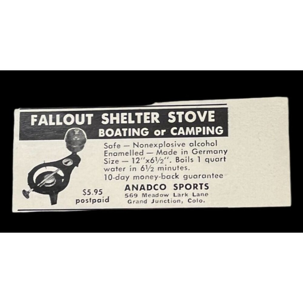 Anadco Sports Mini Print Ad Vintage 1962 Fallout Shelter Stove Camping Boating